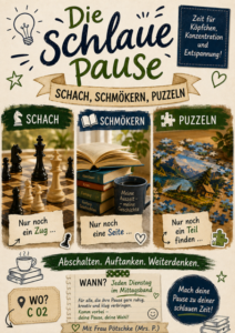 Flyer zum Mittagsband-Angebot Die schlaue Pause – Schach, Schmökern, Puzzeln